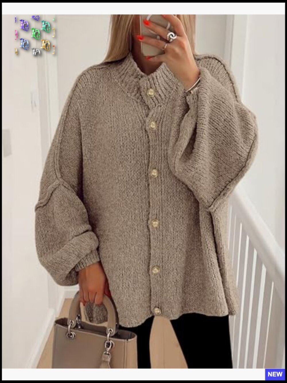 Oversized Cardigan Sweater Chunky Knit Lantern Sleeve Button Front Loose Fit - Picture 2 of 7